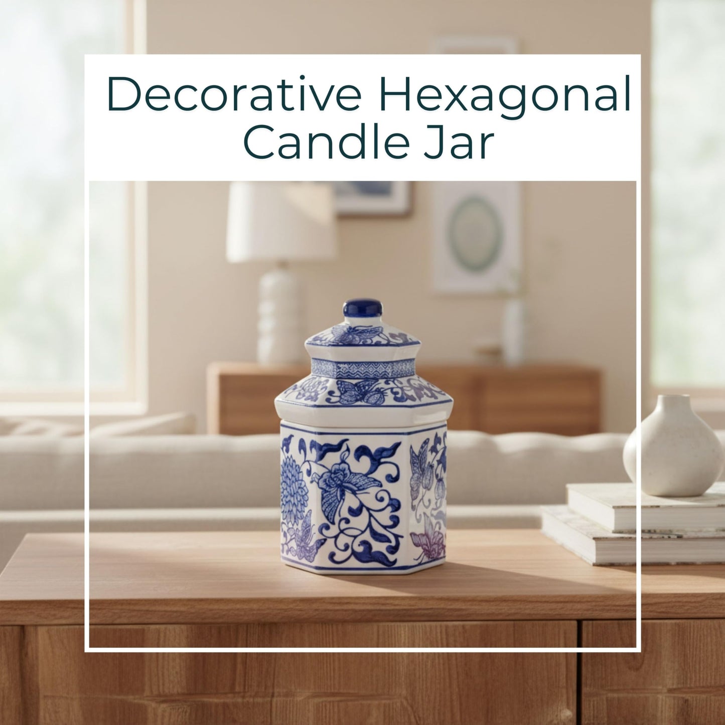 Sandalwood Scented Candle with Lid for Men and Women - Ceramic Chinoiserie Candle with Lid for Living Room, Bedroom, and Bathroom - Decorative Accent for Indoor and Outdoor - 7", Blue & White