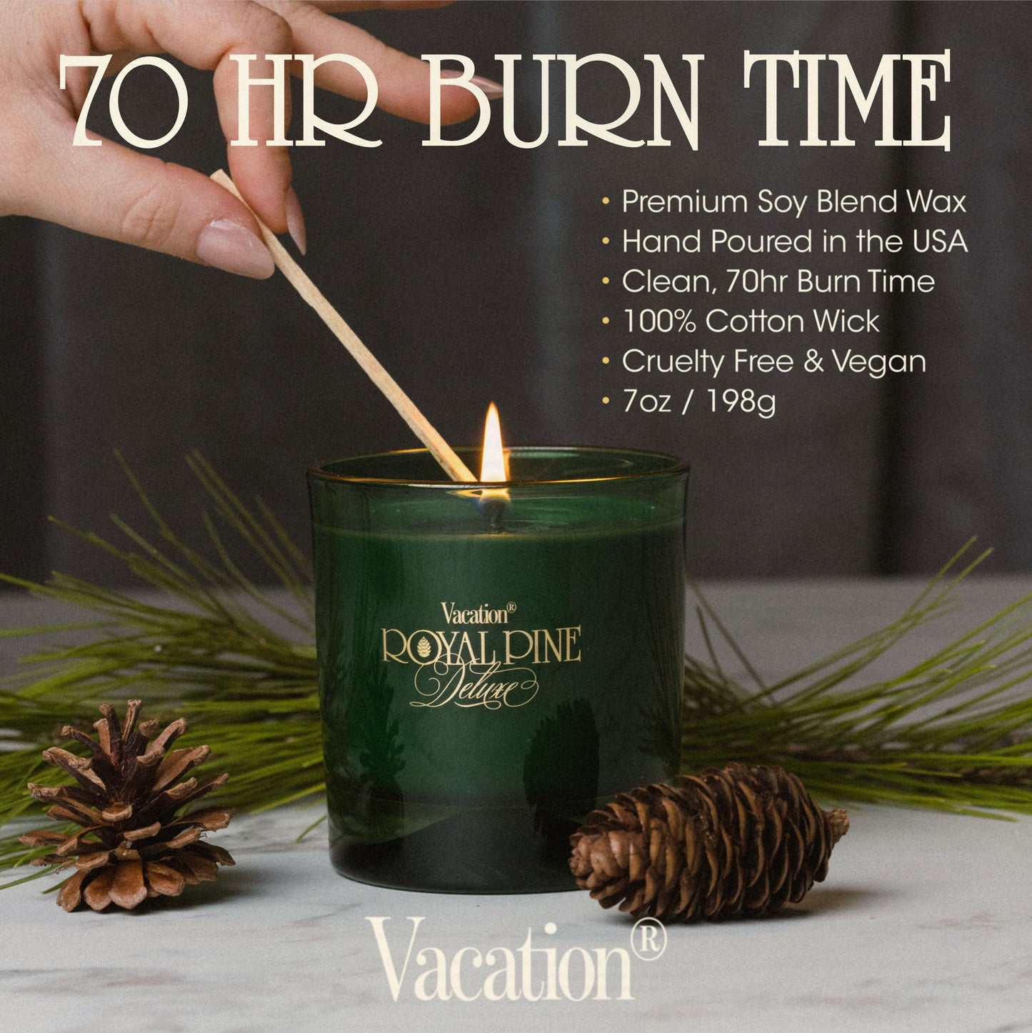Royal Pine Deluxe Pine-Scented Candle by Vacation Sunscreen, Premium Soy-Blend Wax, 70-Hour Long Burning, Winter House Decor, Gift for Women & Men, 7 Oz.