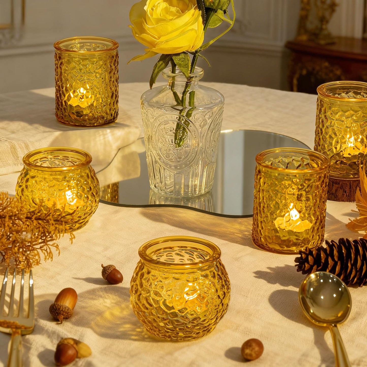 24-Piece Amber Glass Votive Candle Holders Set – Tealight Candle Holder Glass Bulk with 12 Round & 12 Hammered Textured Cups, Amber Votive Candle Holders for Weddings, Parties, Home