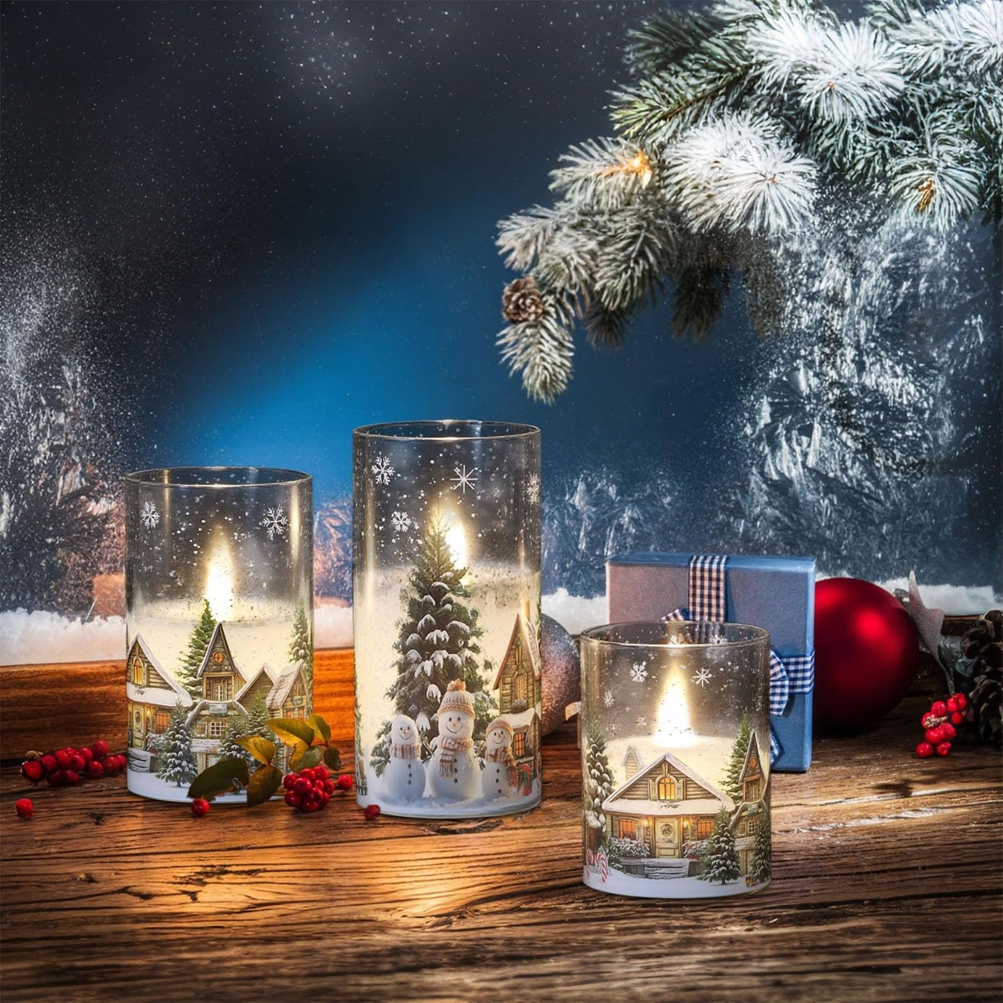 Lasumora Snowman Family and Snowy Cabin Scene Themed Glass Flameless Candles with Remote Timer, Battery Operated LED Pillar Candles Real Wax for Home Décor Christmas Gifts, D3”x H4” 5” 6”