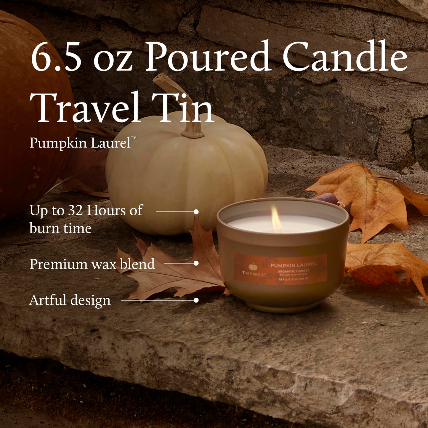 Thymes Scented Candles for Women & Men – Tin with Lid – Luxury Home Decor – Pumpkin Candles with Notes of Nutmeg, Cinnamon, Clove, & Orange Peel – Fall Decor (Pumpkin Laurel, 6.5 oz)