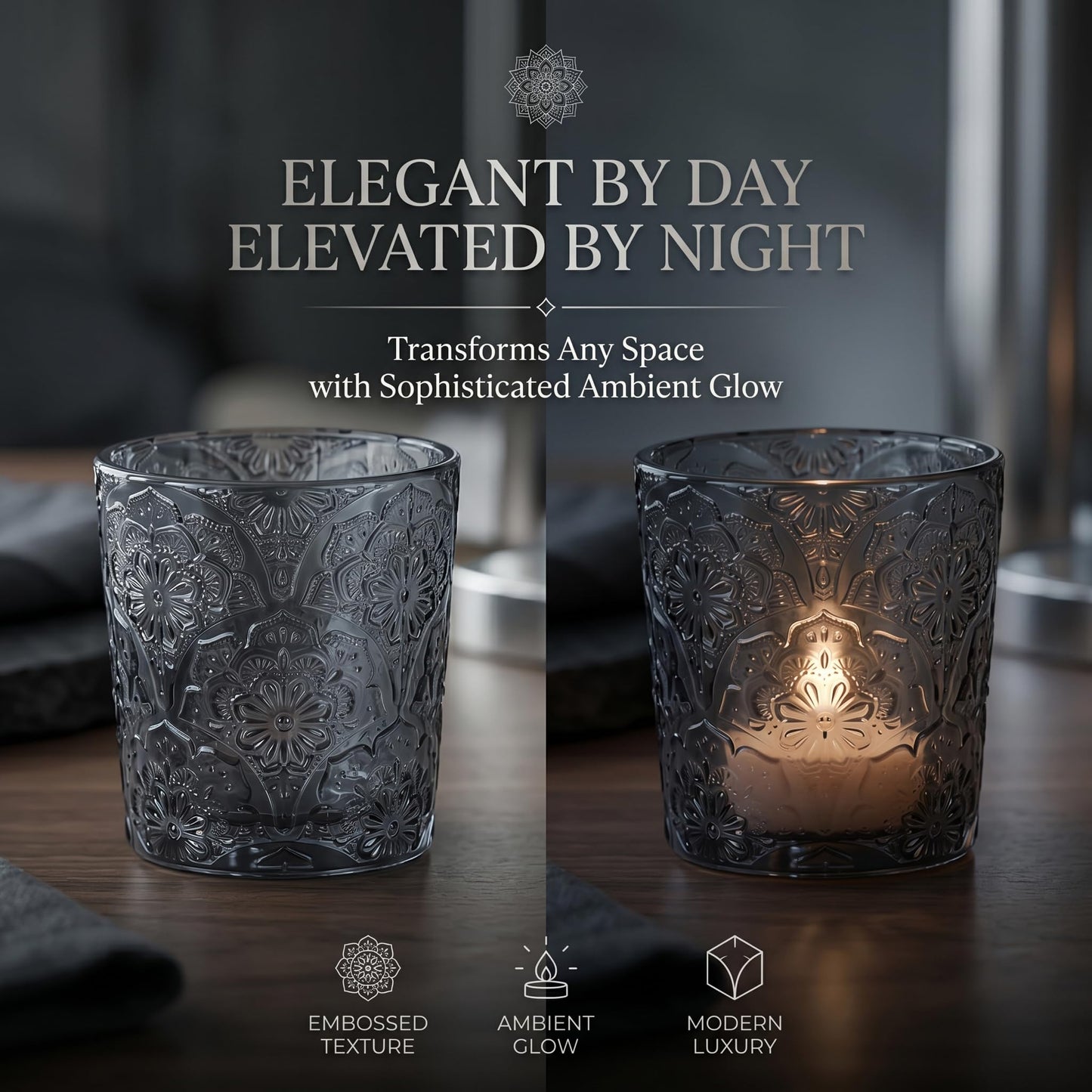 12 Pack Mandala Embossed Glass Candle Holders – Votive Tealight Holders with Patent Design, Decorative Embossed Glass Cups for Wedding Centerpieces, Parties, and Home Décor (Smoky Quartz)
