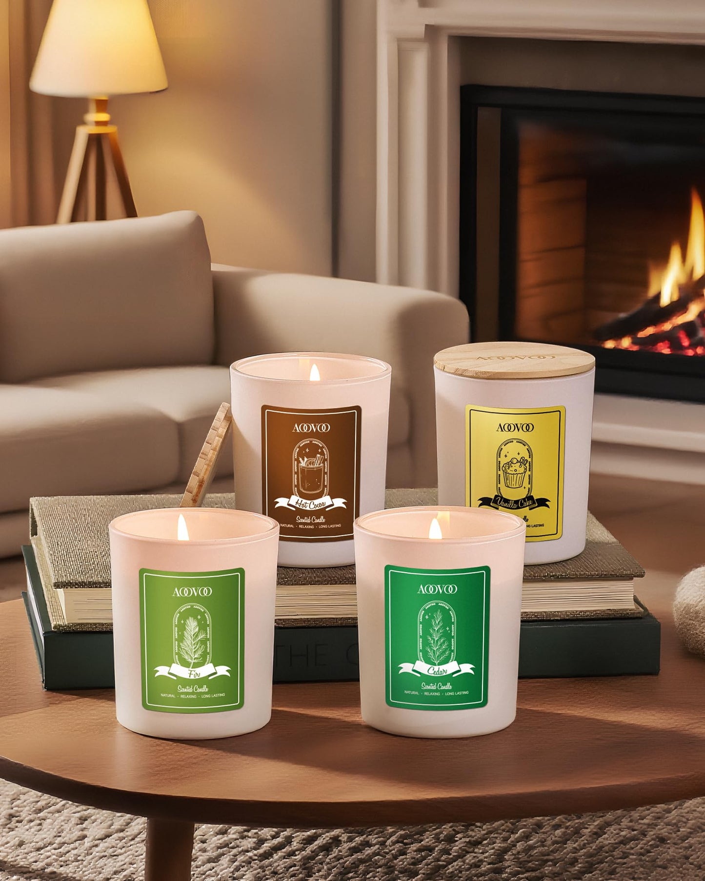 AOOVOO Holiday Candles Set for Women - 4 Pack Candles for Home Scented, Aromatherapy Candle with Crystals, 28 oz 200 Hour Long Lasting Candle, Winter Fragrance of Cedar, Fir, Hot Cocoa, Vanilla Cake