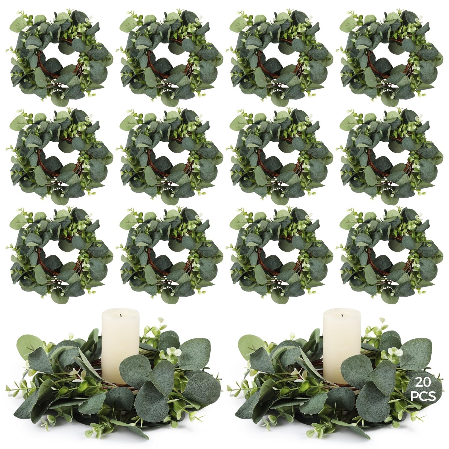 Wedding Candle Rings Wreaths, 20 Pcs Artificial Eucalyptus Leaves Wreaths for Summer, Spring and All Seasons, Green Eucalyptus Leaves for Home Decoration Rustic Farmhouse Decor Party Home Table Decor