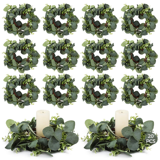 Wedding Candle Rings Wreaths, 20 Pcs Artificial Eucalyptus Leaves Wreaths for Summer, Spring and All Seasons, Green Eucalyptus Leaves for Home Decoration Rustic Farmhouse Decor Party Home Table Decor