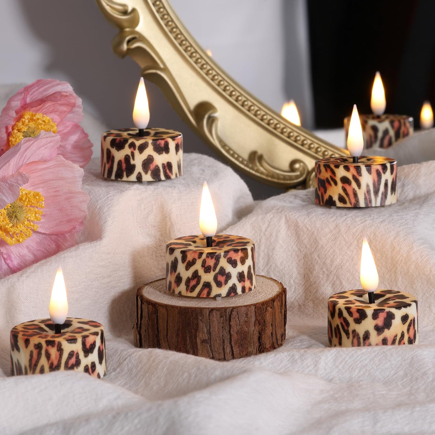 Eywamage Leopard Flameless Tealights with Remote Batteries, Flickering Cheetah LED Tea Votive Candles Set of 12