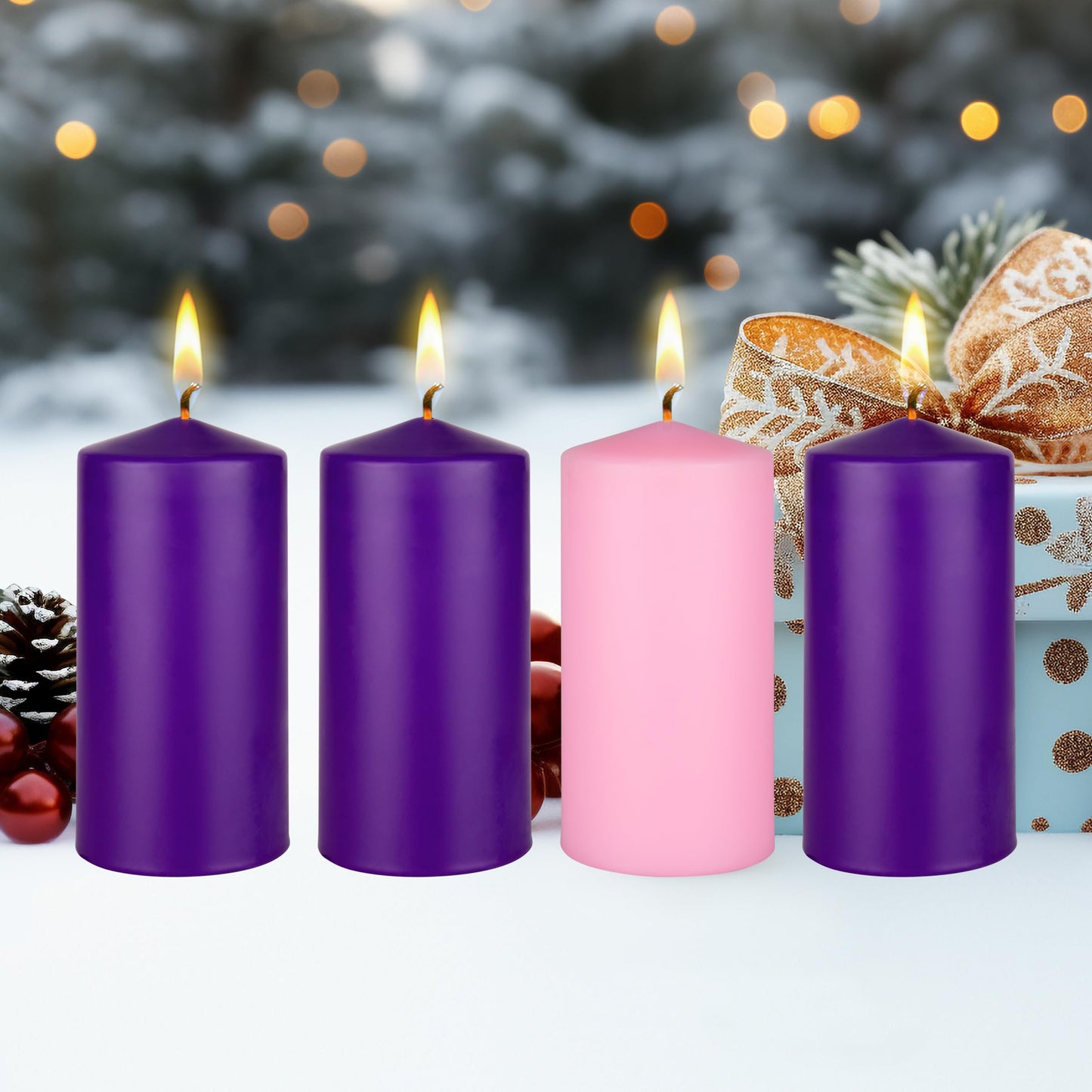 Mega Candles 4 pcs Unscented Christmas Advent Candles Set, Hand Poured Premium Wax Dome Top Round Pillar Candle 3 Inch x 6 Inch, Holidays, Festivities, Devotional, Church, Wreath, Party, Gifts