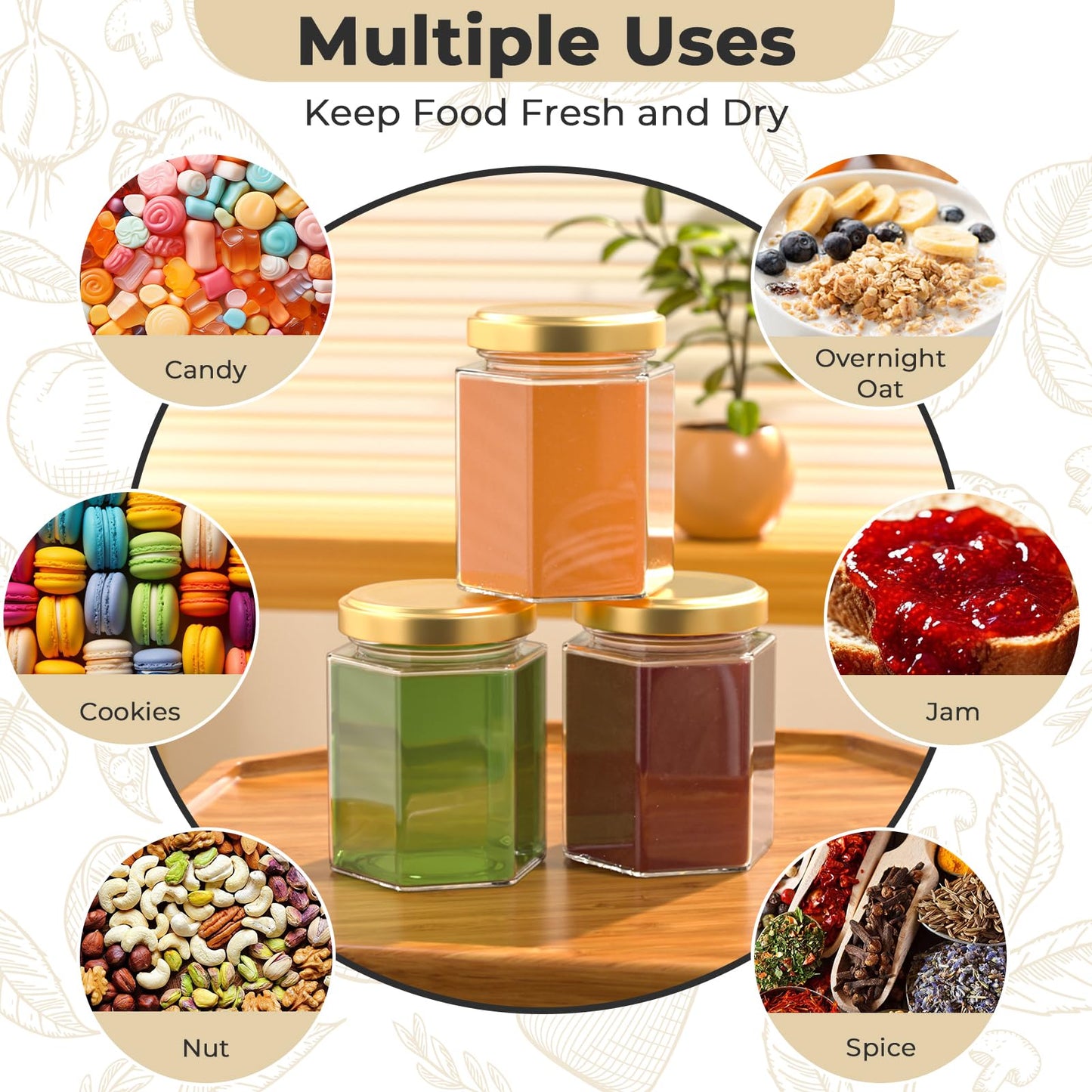 Waymind 6 oz Hexagon Glass Jars with Gold Lids, 30 Pcs Canning Jars for Jam, Honey, Jelly, Candy, Candle, Wedding Favors, Baby Shower Favors, Spice Jars Crafts with Stickers and Pen for Labeling