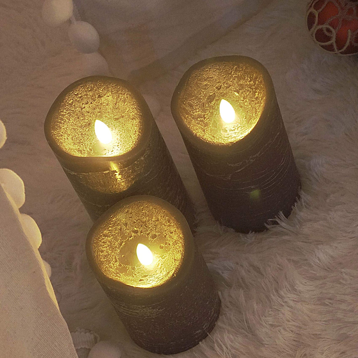 Battery Operated Flameless Candles with Remote Timer Real Wax Realistic Bright Flicker Flickering Electric Electronic LED Pillar Lights Home Wedding Party Decorations Set of 3 Rustic Texture Gray Grey