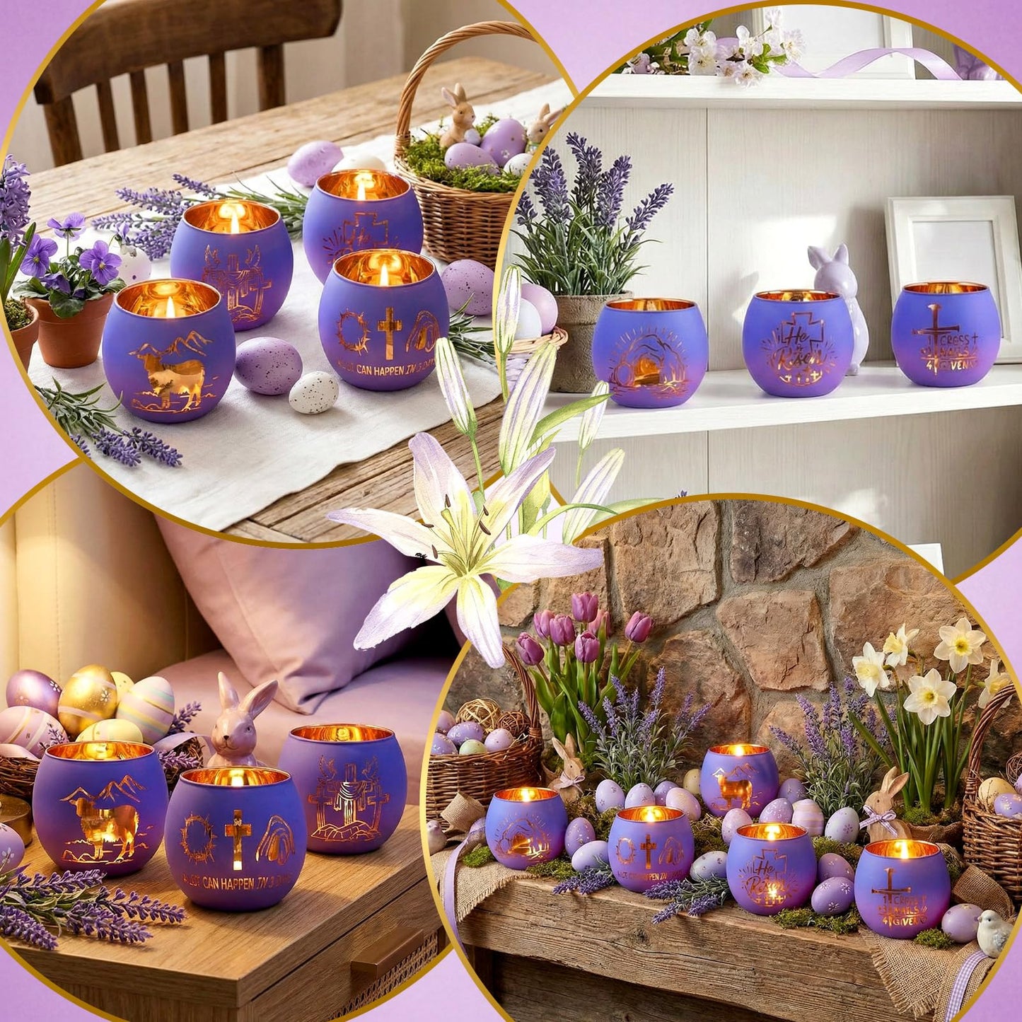 FoldTier 6 Pcs Easter Candle Holders He is Risen Tealight Votive Candle Holder for Table Centerpiece Christian Religious Glass Tealight Votive Easter Tabletop Decor for Home Altar Decoration