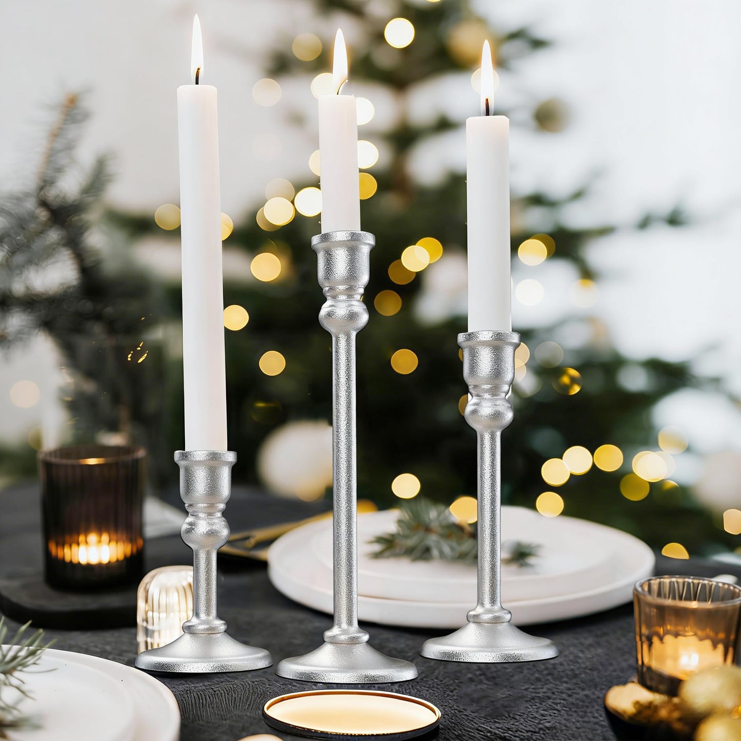 Candlestick Holders Taper Candle Holders Set of 3, Golden Candlestick Holders Decorative Candle Stand, Tapered Candle Holders Set for Wedding, Dining Table, Home Decoration (Antique Silver)