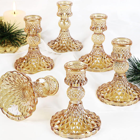 Taper Candlestick Holder Set of 6, Gold Candle Holders & Vintage Candlestick Holders, Glass Candle Holder for Table Centerpieces, Fall, Christmas, Autumn, Thanksgiving Decor