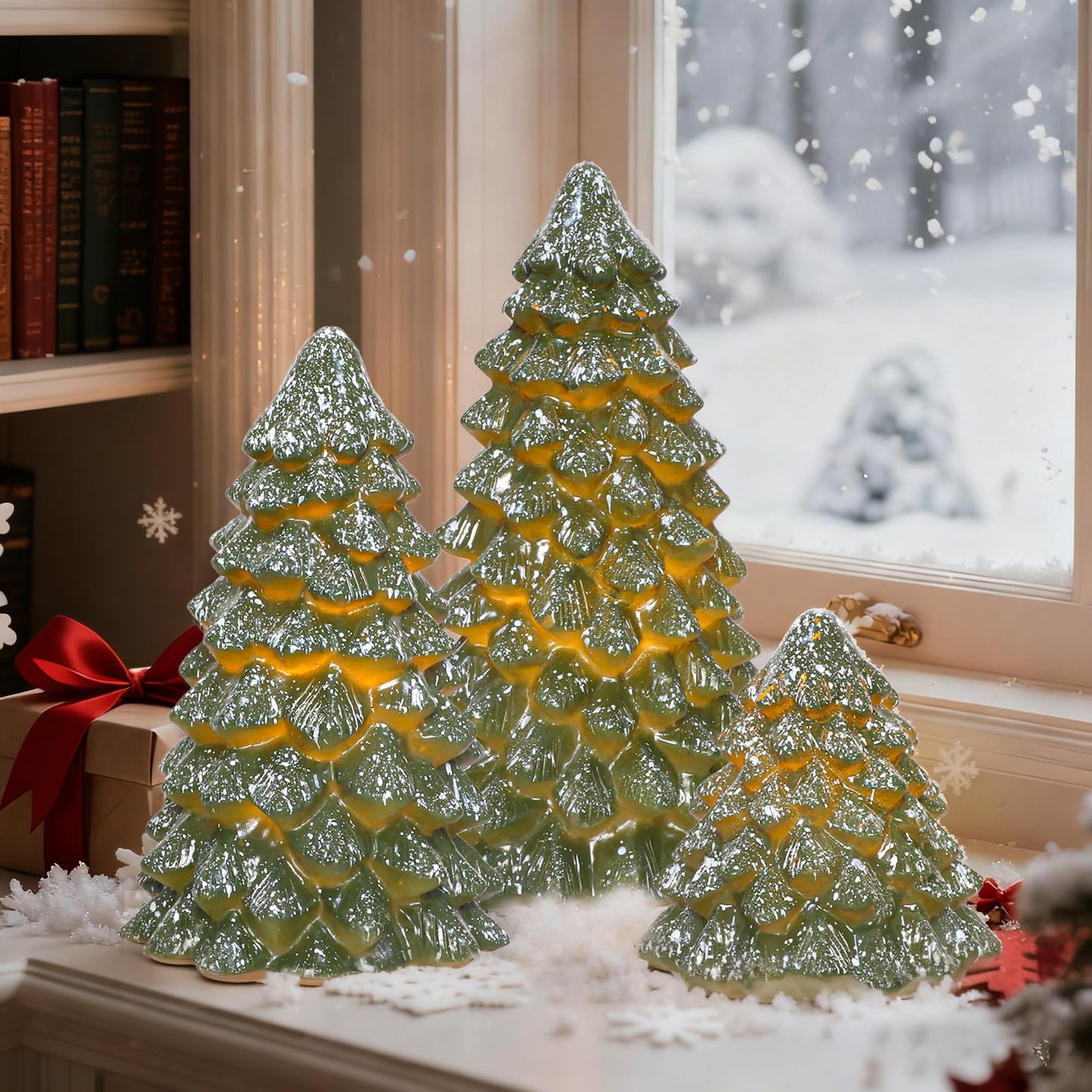 Cafemoon Christmas Tree Flameless Candles with Remote Timer, Real Wax Green LED Pillar Candles, Battery Operated 3D Flickering Flame for Holiday Decor for Mantel