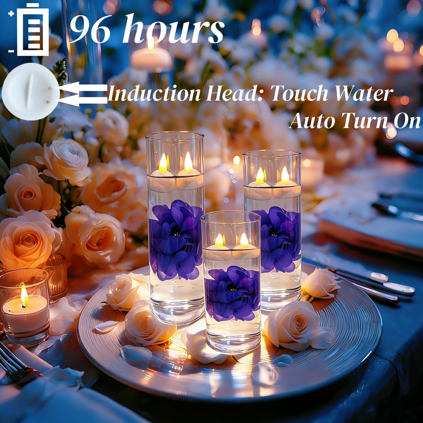 Qazcnd 24 Pack Flameless Floating Candles and Floating Artificial Flower Led Battery Operated Waterproof Floating Candles Tea Lights for Vases Centerpieces at Wedding, Party, Pool Decor Purple