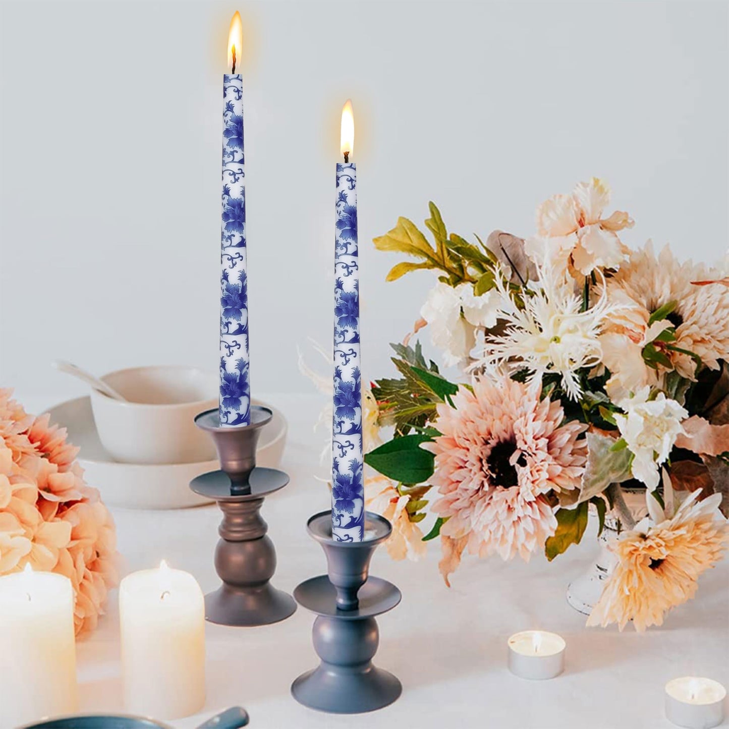 Blue and White Printed Candles Unscented Candlesticks 10 inch Hight Candle 2 PCS Handmade Taper Candle for Home Wedding Dinner Holiday Party
