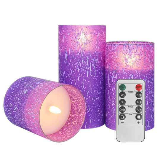 HJANDHJ Purple Flameless Candles with Remote, Flickering Battery Operated Candles with Timer, Set of 3 LED Pillar Candles for Outdoor Indoor Wedding Home Party Decor