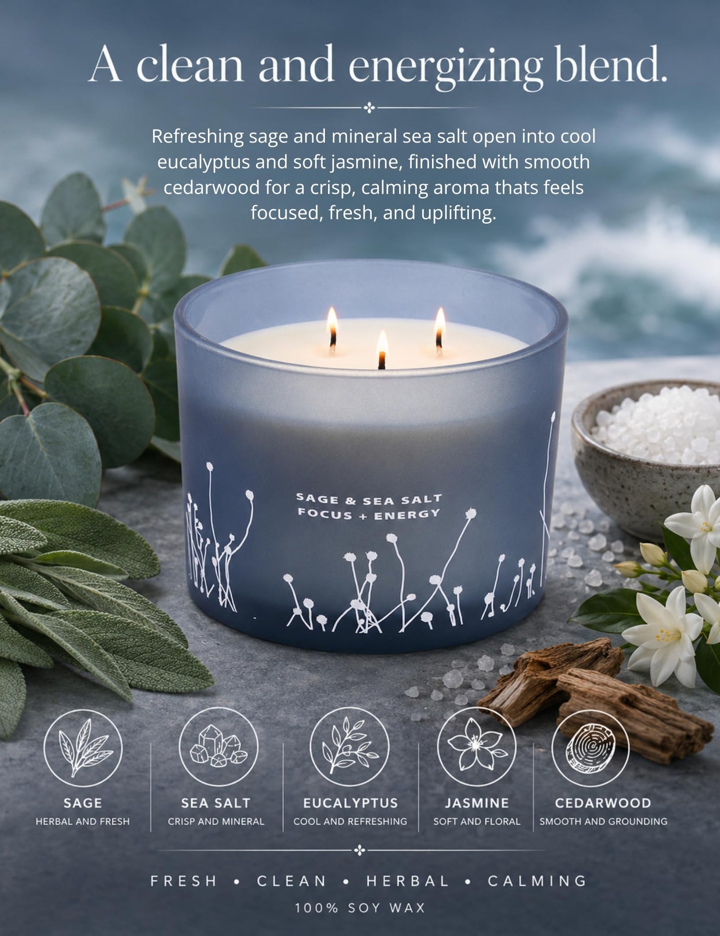 White Sage Sea Salt 3 Wick Candle - Large Soy Scented Candle 14.5 oz - Sage Candle for Cleansing House - Aromatherapy Energy Cleansing Candle for Home, Stress Relief, Women & Men