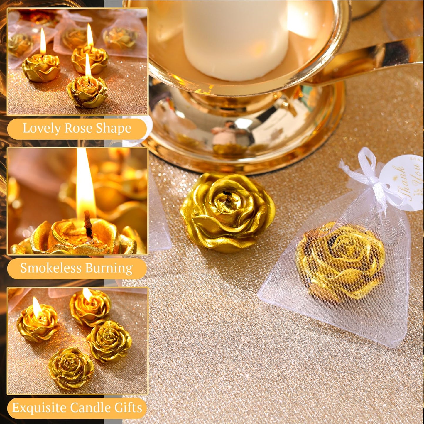 Treela 24 Set Flower Candles Wedding Favor for Guests Mini Gold Rose Shaped Tealight Candles for Return Gift Wedding Birthday Bridal Shower Housewarming Party