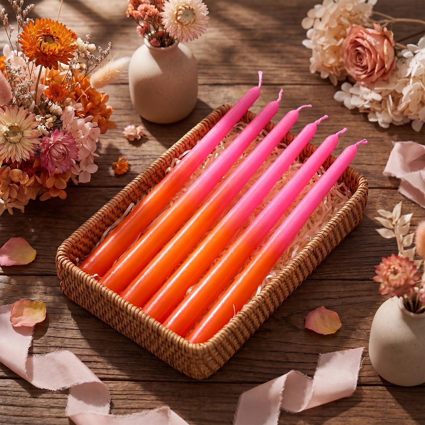 Photect 6 Pcs Pink and Orange Party Taper Candles 10 Inch Gradient Pink Orange Long Candles for Birthday Theme Party Dinner Table Home Bathroom Birthday Decor
