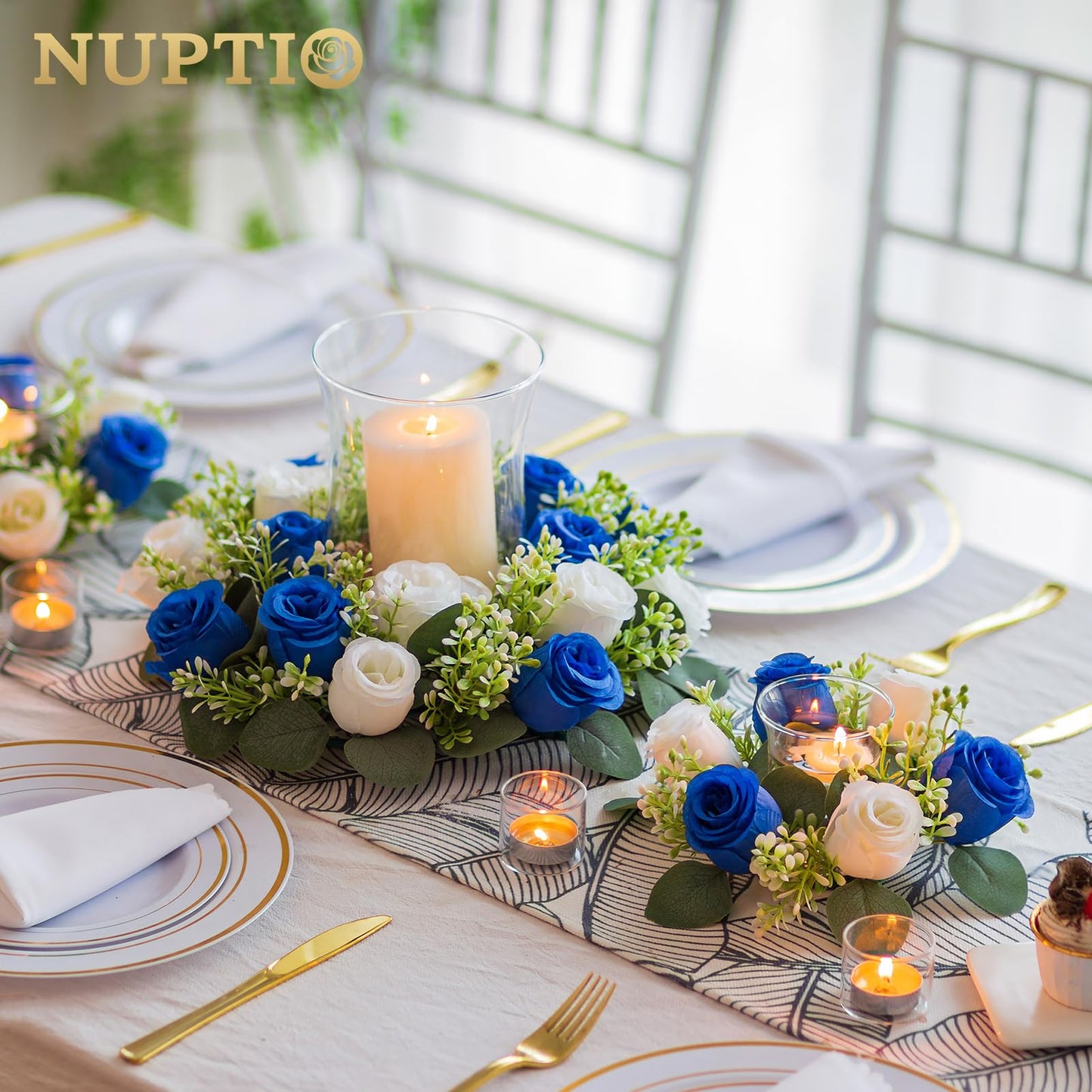NUPTIO Flower Candle Rings for Centerpieces: 13.4 Inch Rose Wreath for Wedding Party Christmas - Royal Blue & White Wreaths for Spring Summer Front Door Porch Table Decor 6 Pcs