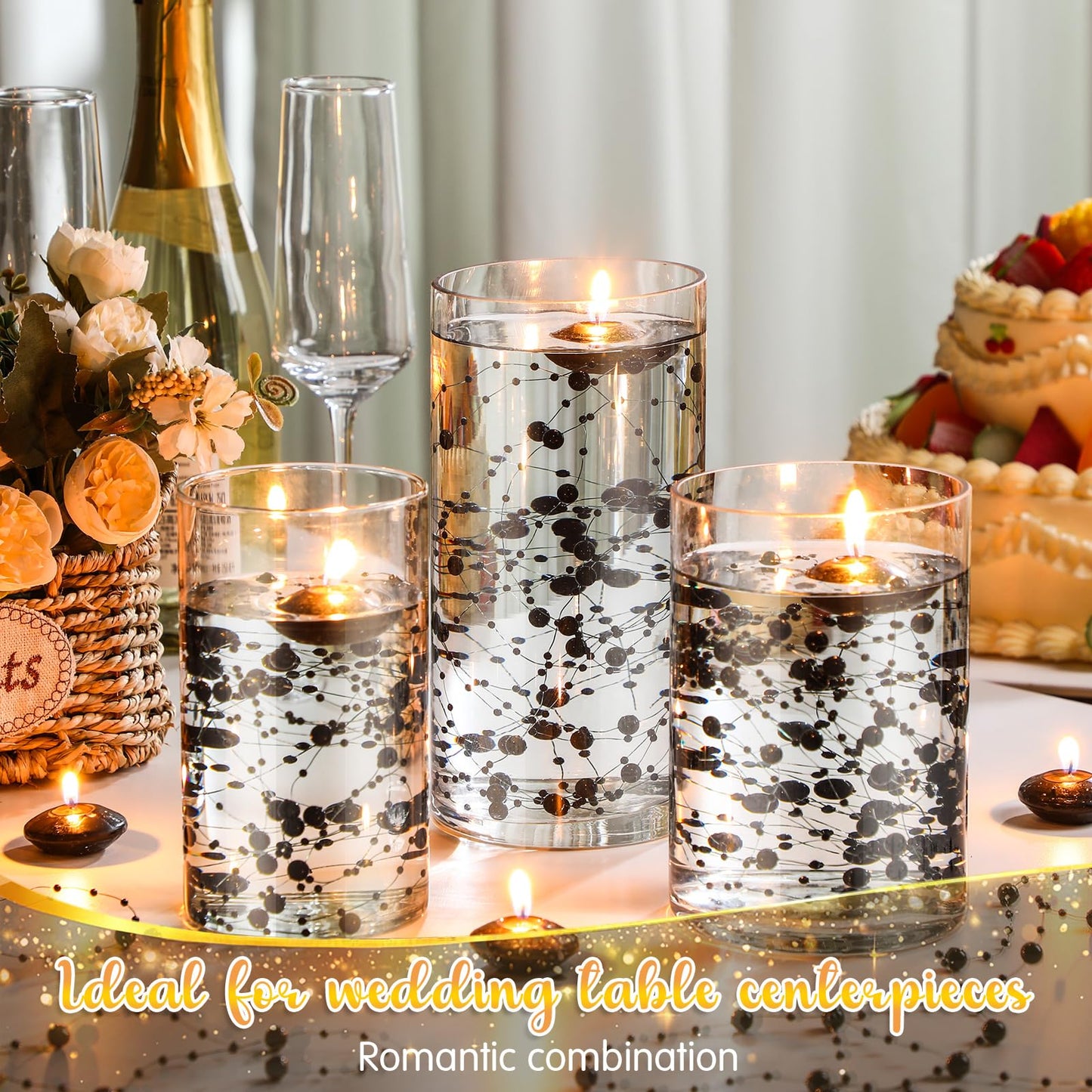 Fumete 40 Pcs Black Floating Candles with Pearl Strings, Small Unscented Floating Candles Centerpiece for Night Events, Gothic Party Table Decor, Wedding, Anniversary, Birthday, Modern Home Decor