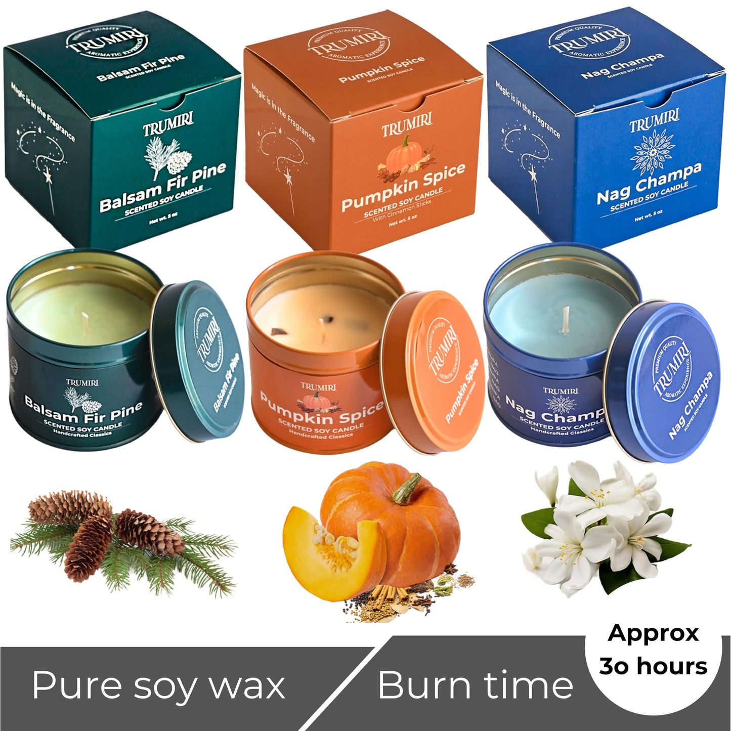 Balsam Fir Pine, Pumpkin Spice, Nag Champa - Soy Candles Non Toxic - Highly Scented Long Lasting with Essential Oils - Variety Pack of 3 x 5oz - for Home Aromatherapy Meditation Gift Travel