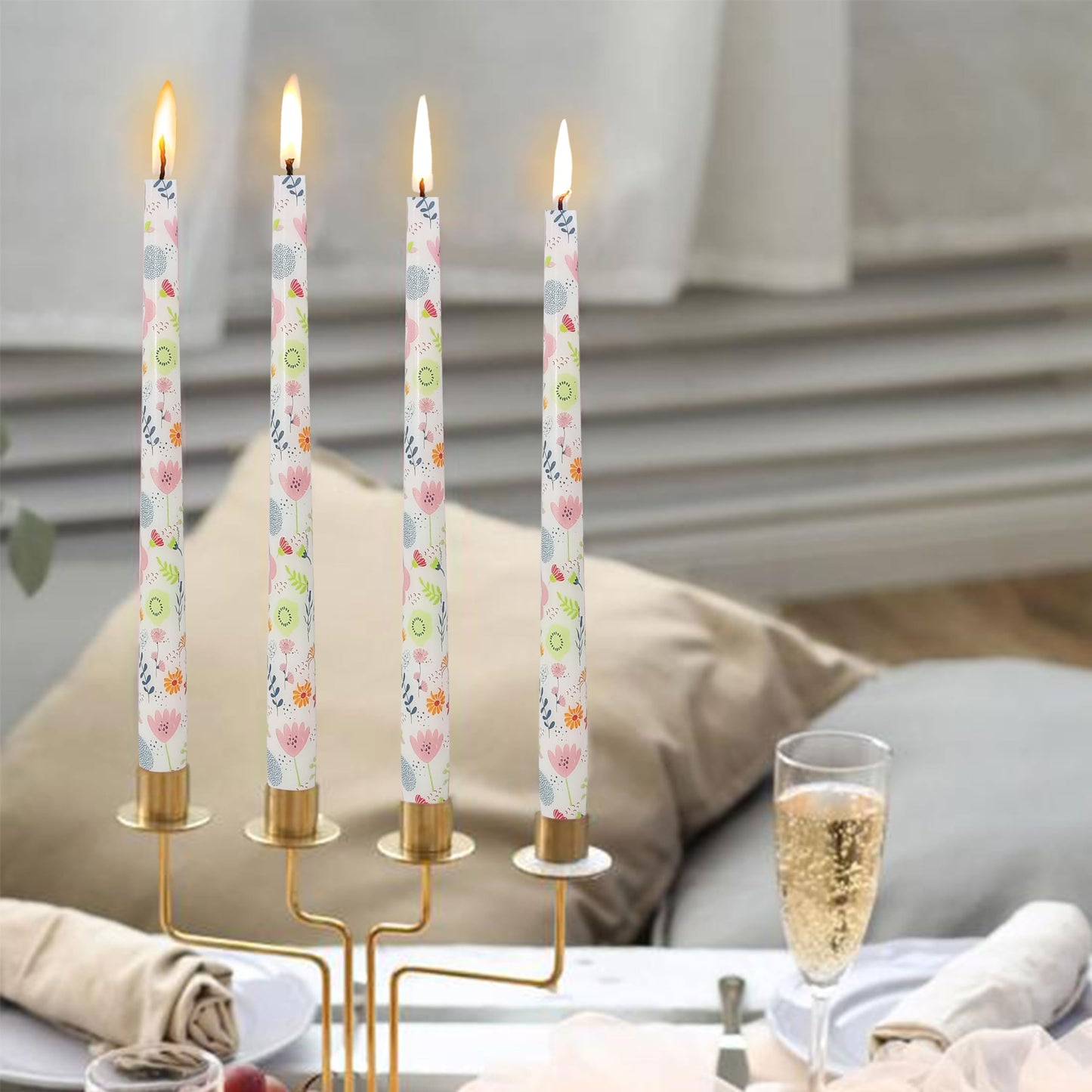Floral Candlesticks 10 in Long Taper Candles Handmade Printing Candlesticks Tall Tapered Candle Sticks for Home Wedding Dinner Decor Simple Modern, 4 Pack