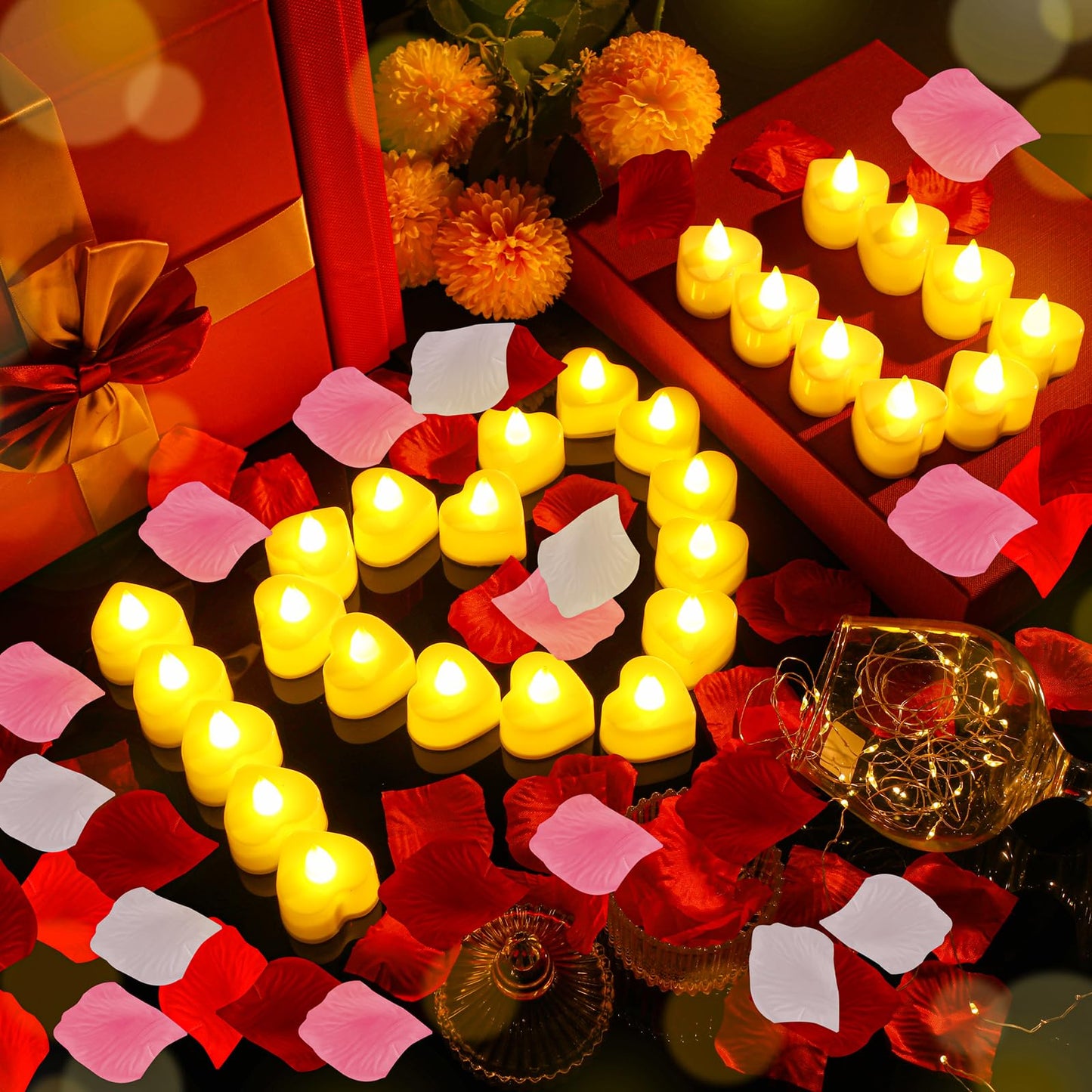 Honoson 1000 Pieces Artificial Rose Petals with 24 Pcs Flameless Heart Shaped LED Tealights Candles Special Romantic Night Decorations for Proposal Wedding Anniversary Table Decor(White with Yellow)