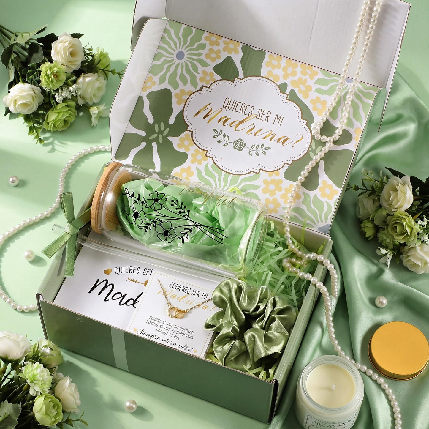 Singhoow 6 Pcs Godmother Proposal Gift Set, Will You Be My Godmother Gift Box, 16oz Glass Cup, Necklace & Scented Candle from Godchild for Baptism Mother’s Day Birthday(Spanish,Sage Green)