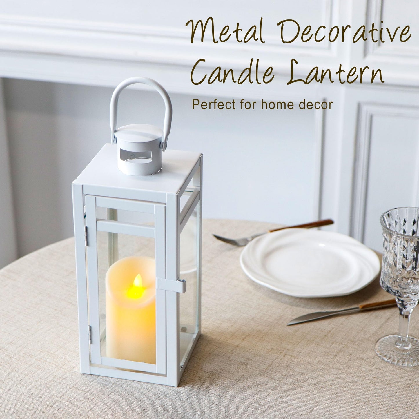 TRIROCKS Decorative Candle Lantern 12'' High Metal Candle Holder with Tempered Glass Perfect for Home Decor Living Room Parties Events Tabletop Indoor Outdoor (White)