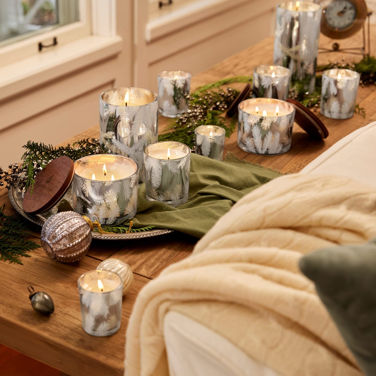 Thymes Frasier Fir Candles - Statement Collection - Silver with Pine Needle Design - Scented Candles for Home Decor - Notes of Siberian Fir Needles, Cedarwood & Sandalwood - 3 Wick (12.5 oz)