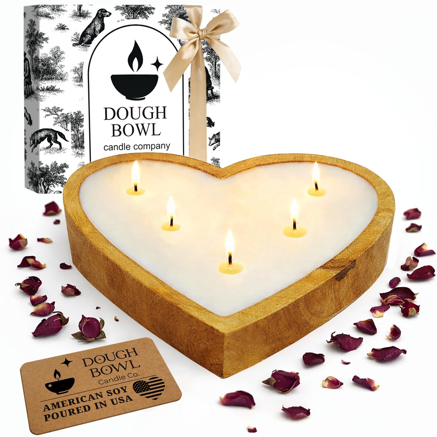 Dough Bowl Candle Co. Rose Candle - 10x10x2 Large Heart Shaped Scented Soy Candles for Women, Valentines Day Decor Gifts for Home, 5 Wick White Decorative Natural Aromatherapy, 30 Hour Burn Time