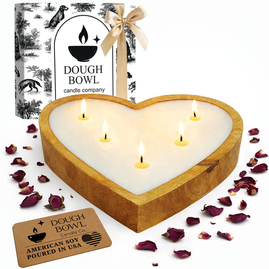 Dough Bowl Candle Co. Rose Candle - 10x10x2 Large Heart Shaped Scented Soy Candles for Women, Valentines Day Decor Gifts for Home, 5 Wick White Decorative Natural Aromatherapy, 30 Hour Burn Time