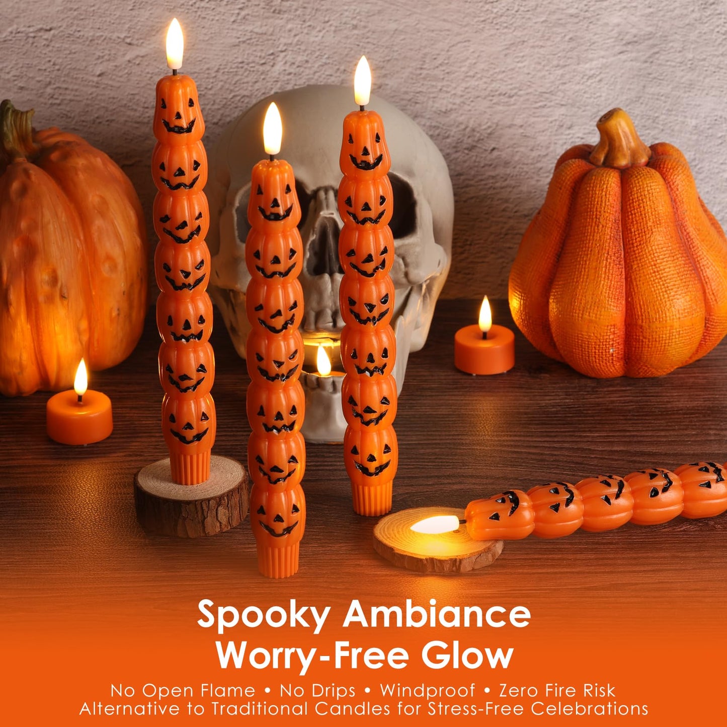Girimax Orange Pumpkin Halloween Flameless Taper Candles with Remote, Flickering Spooky LED Wax Candlesticks Battery Operated, Set of 4