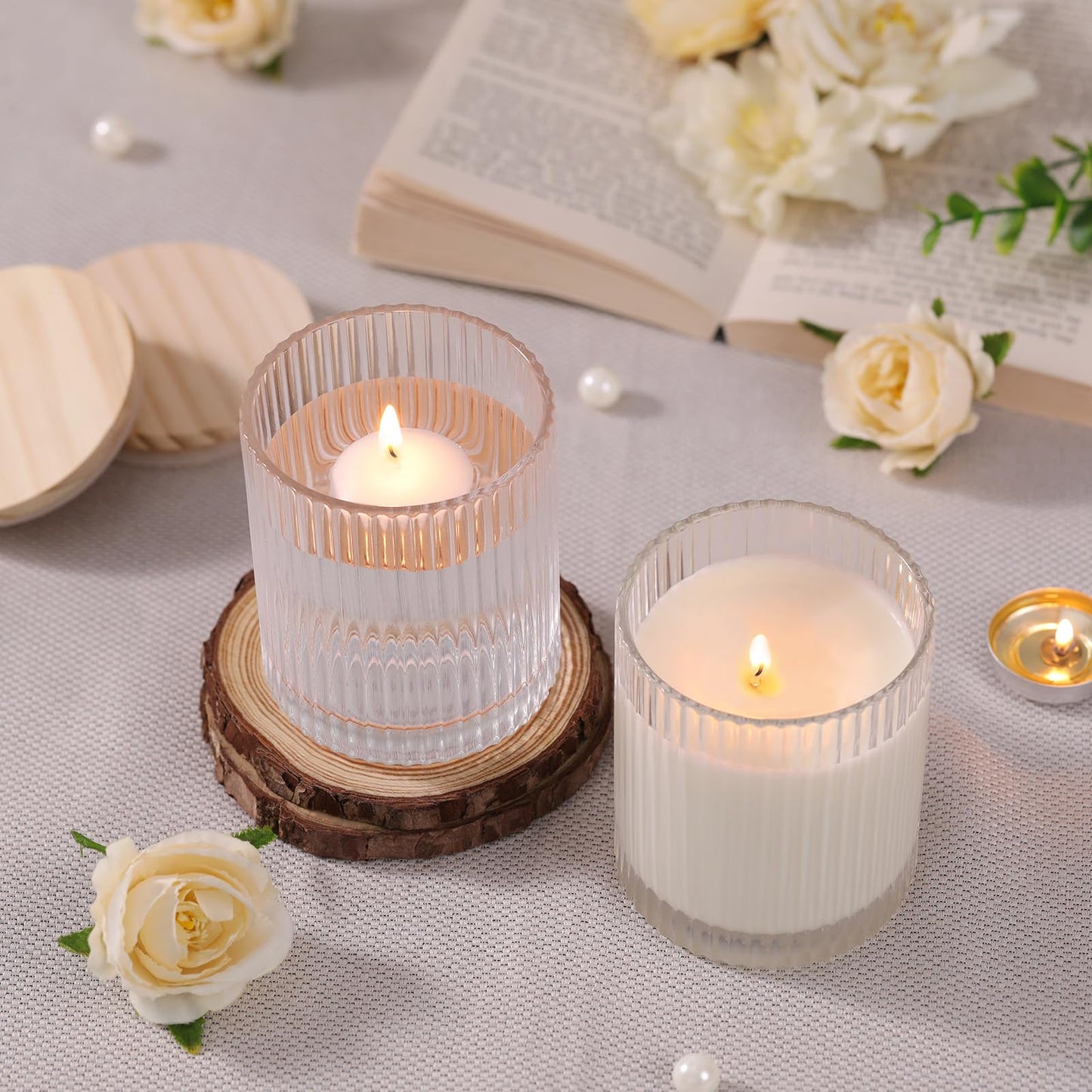 sunnyfuture 10 OZ Clear Candle Jars for Making Candles Set of 8, Ribbed Glass Candle Jars with Wood Lids and Labels, Candle Containers for DIY, Gifts, Home Decoration
