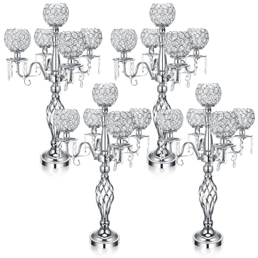 Nitial 4 Pcs 5 Arm Crystal Candelabra Centerpieces for Table 27 Inch Retro Victorian Crystal Candle Holders Bowl Table Centerpieces Decor for Wedding Banquet Valentine Dinner Party Event (Silver)