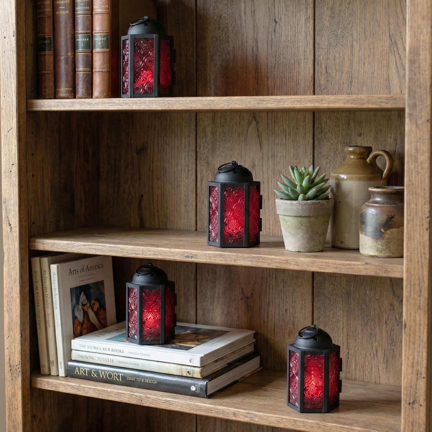 VELA LANTERNS Mini Moroccan Tea Light Candle Holder Lanterns – 4.25" Small Decorative Lantern for Table or Hanging, Metal with Glass Panels – Ramadan, Wedding, Home Decor, Ruby Red (Set of 4)