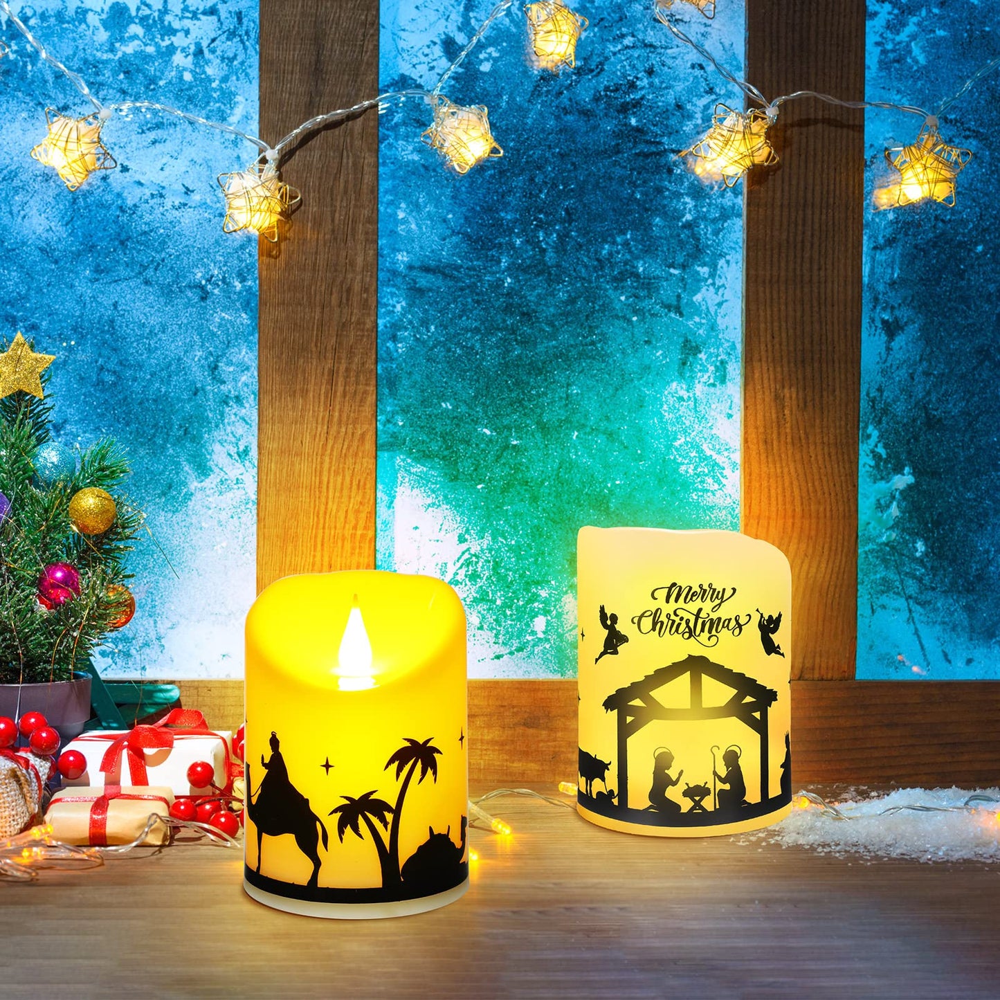Treela 2 Pieces Christmas Flameless LED Candles with 8h Timer, Battery Operated Plastic Pillar Rustic Candles Warm Light with Decals for Adventure Table Home Decor, D3 x H6 (Nativity)