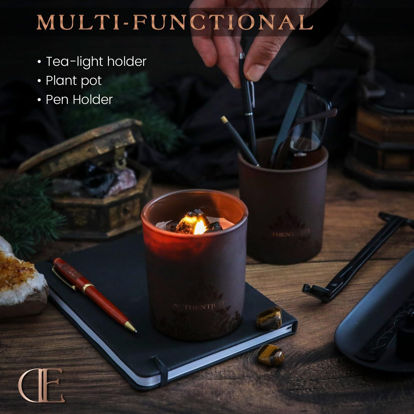 Forest Mahogany Scented Crystal Candle - Luxury Empowerment Candle with Black Tourmaline Crystals - 7.4oz Natural Soy, Coconut & Beeswax Wood Wick Candles for Men
