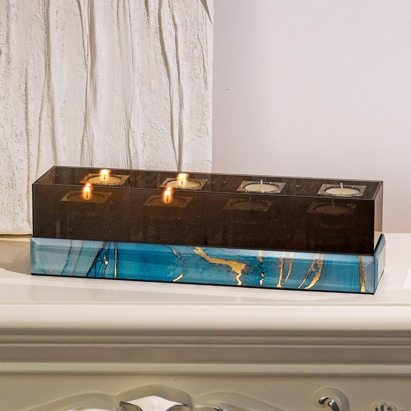 Timetrace Glass Candle Holder Rectangular 4 Candle Seat with Marble Pattern-Tealight and Votive Candles Holders Centerpiece Table Decorations for Home Décor, Dining Room, Kitchen, Patio (Blue)