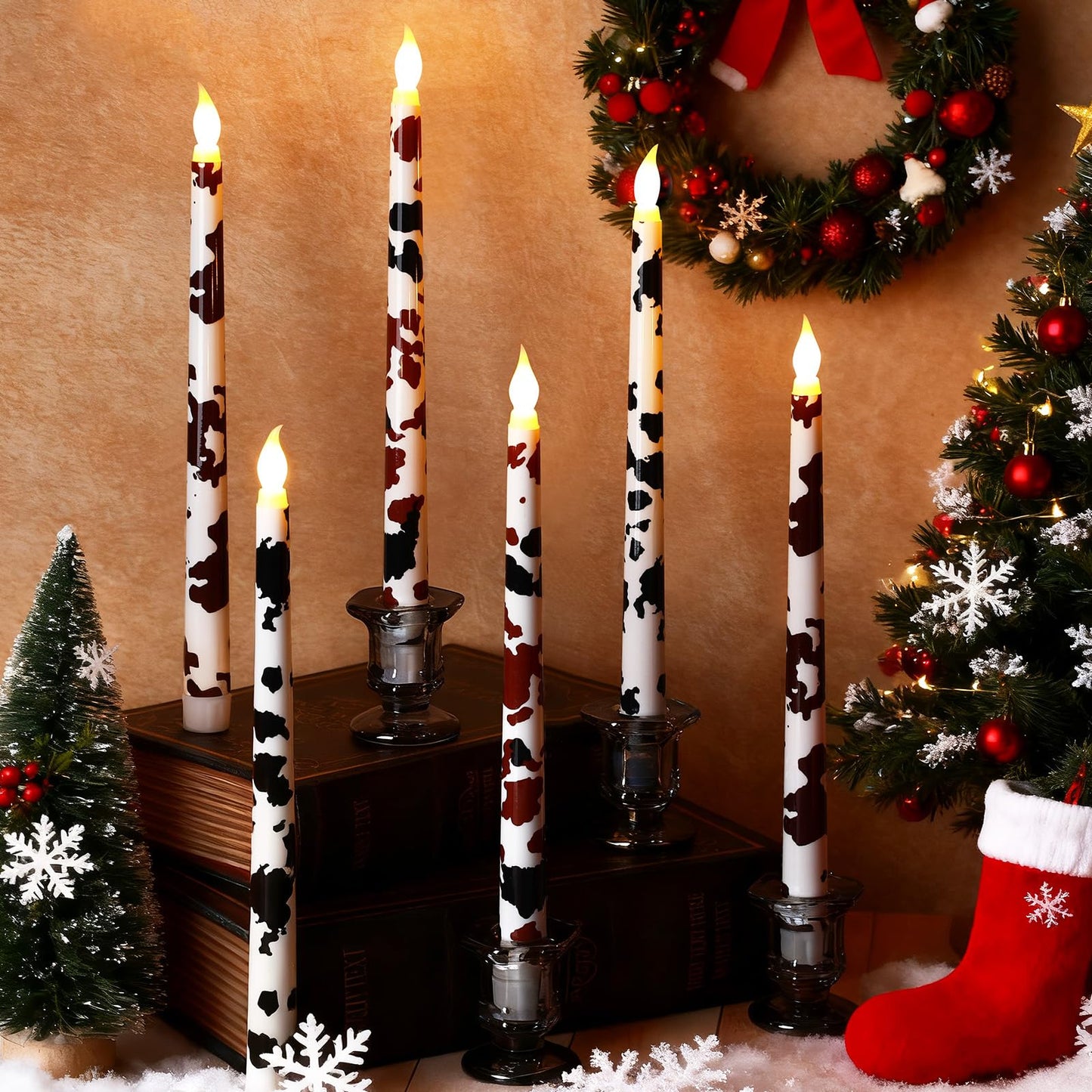Kittmip 6 Pcs Christmas Cowhide Printed Flameless Taper Candles 11 Inch Battery Operated LED Western Country Rustic Candles Farmhouse Table Centerpiece for Xmas Holiday Party Decor Gifts