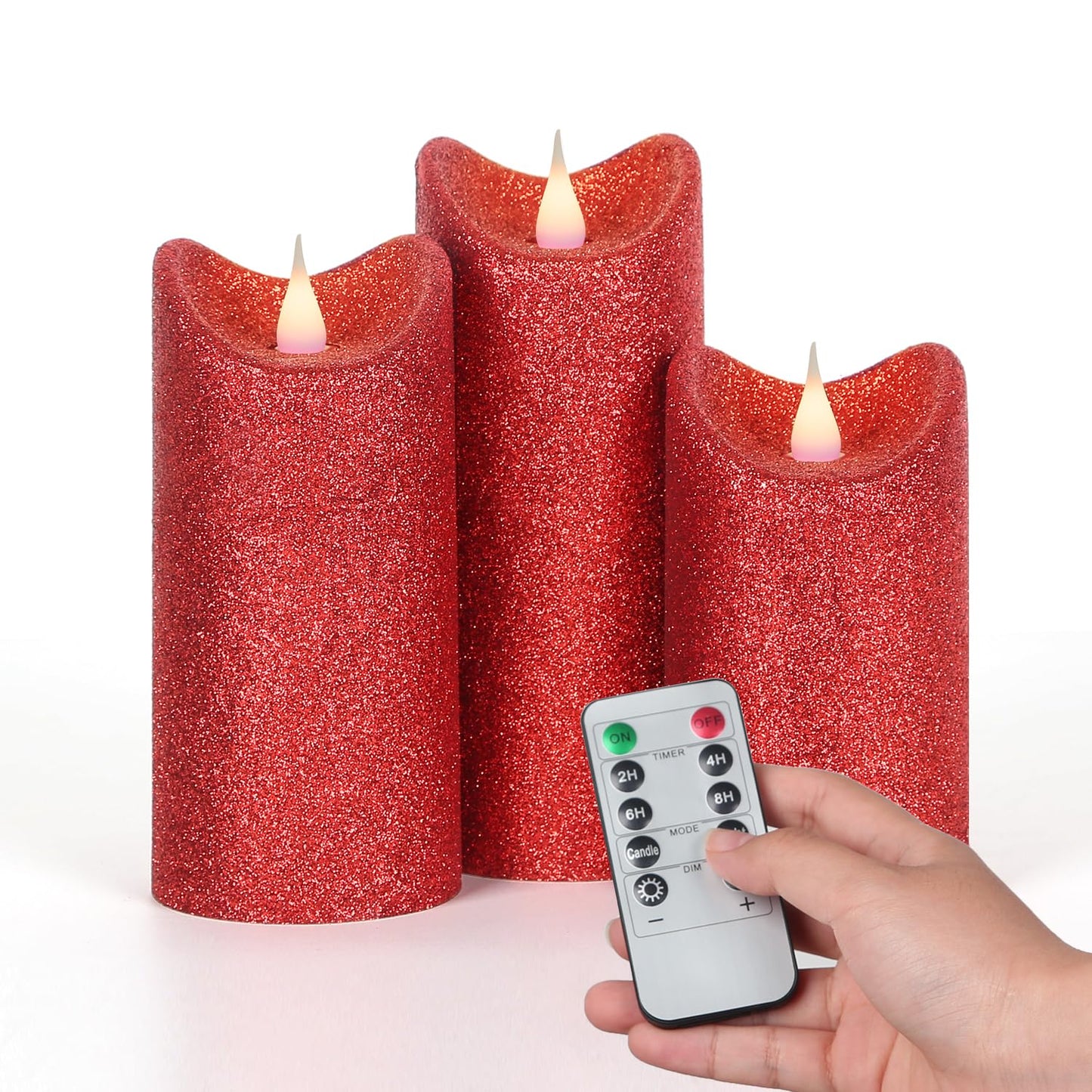 GiveU Pack of 3 Red Glitter Candle 3D Moving Flame LED Candles,10-Key Remote, Battery Powered Flameless Candle with Timer, Home Decor Bedroom, Hallway, Wedding Events
