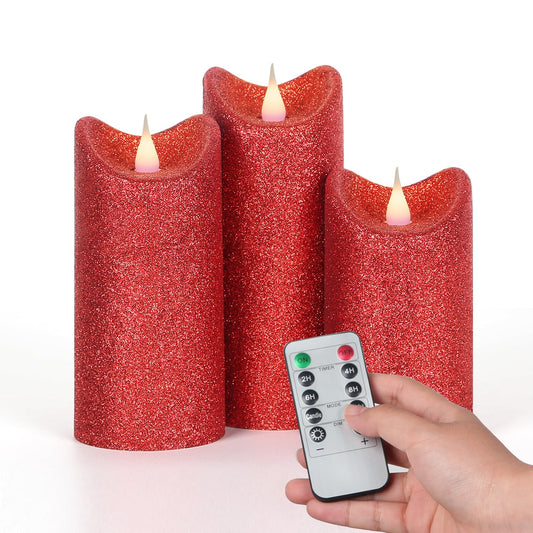 GiveU Pack of 3 Red Glitter Candle 3D Moving Flame LED Candles,10-Key Remote, Battery Powered Flameless Candle with Timer, Home Decor Bedroom, Hallway, Wedding Events