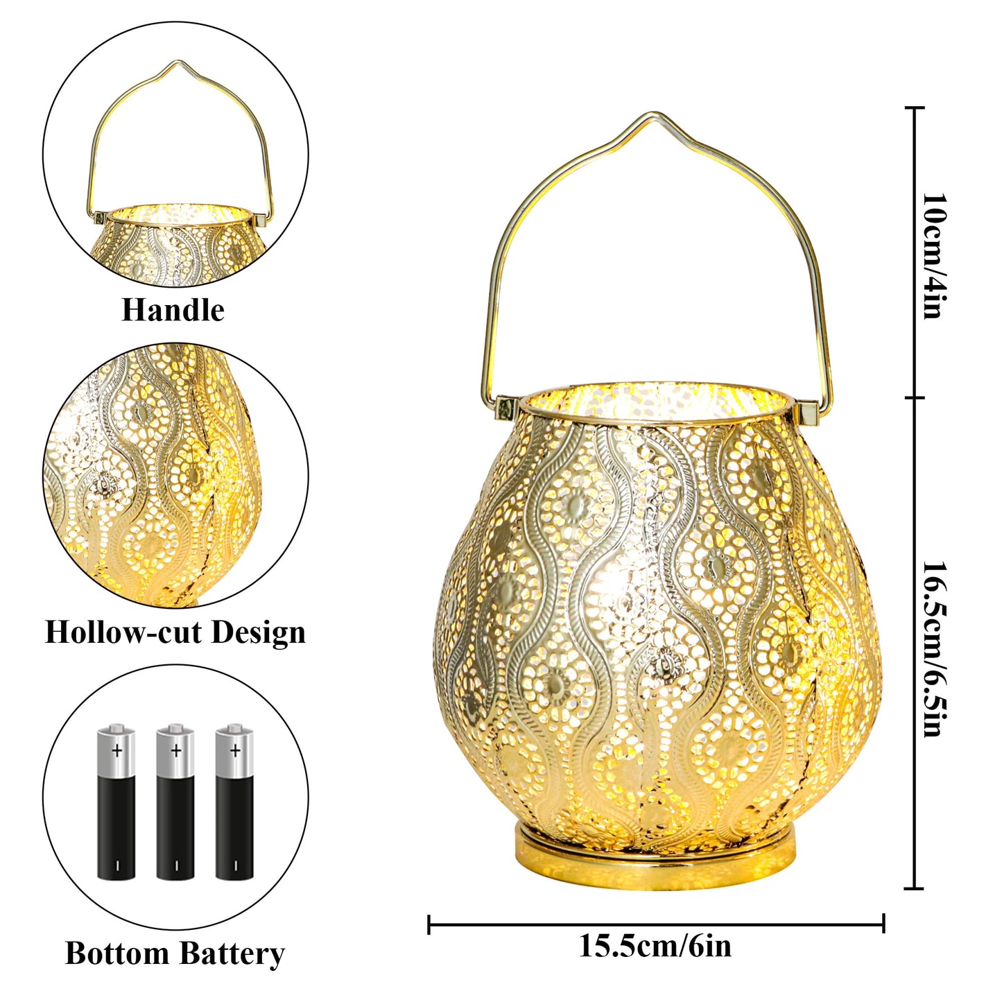 TRIROCKS Set of 2 Moroccan Decorative Lamps 8'' High Cordless Lamp Metal Table Lamps with Fairy Lights Bulb for Home Living Room Garden Yard Party Events Tabletop Indoor Outdoor(Gold)