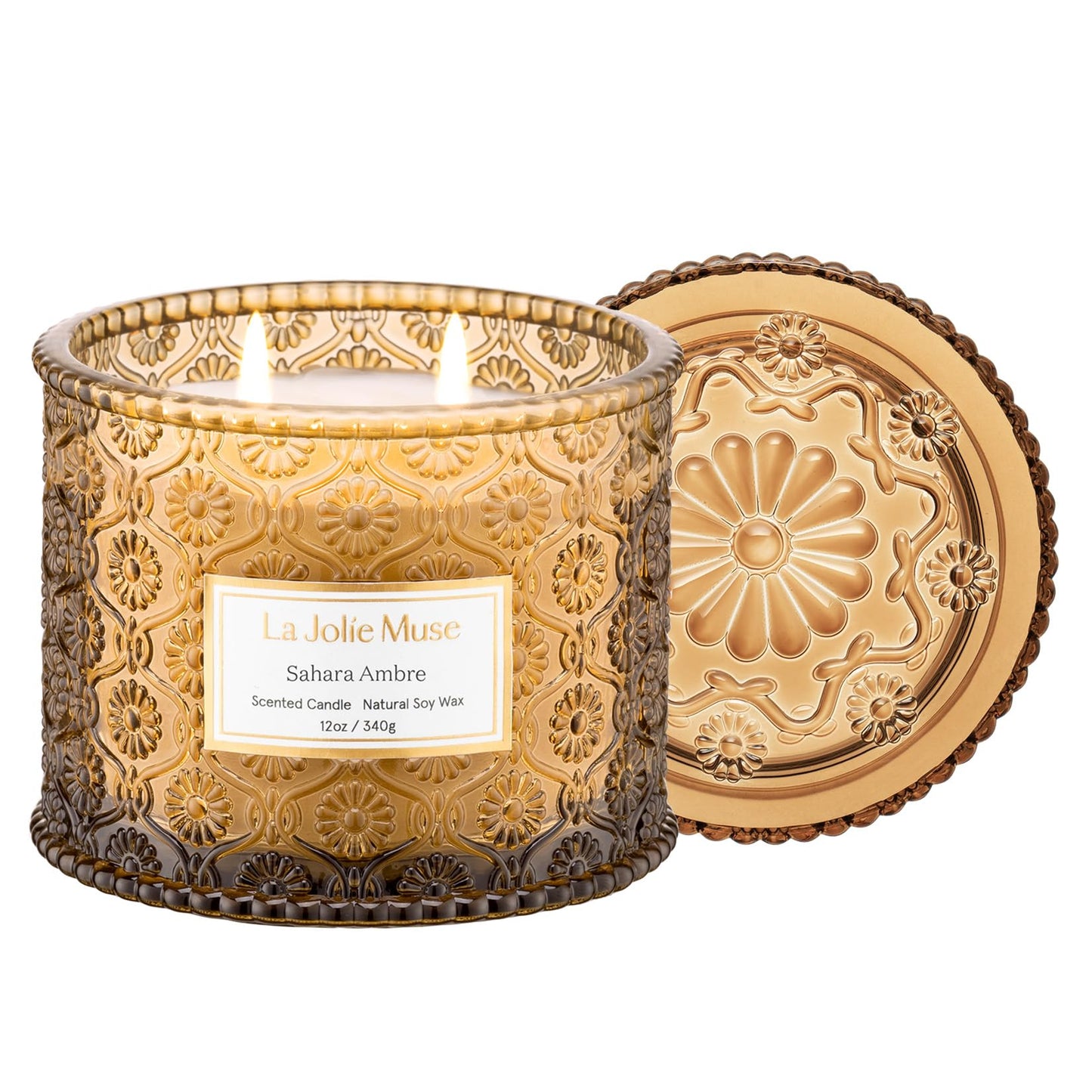 LA JOLIE MUSE Sahara Amber Scented Candles for Home | 2-Wick Non Toxic Natural Soy | Luxury Decorative Large Jar Candle | Gifts for Women & Men |Bergamot Musk | 12 oz