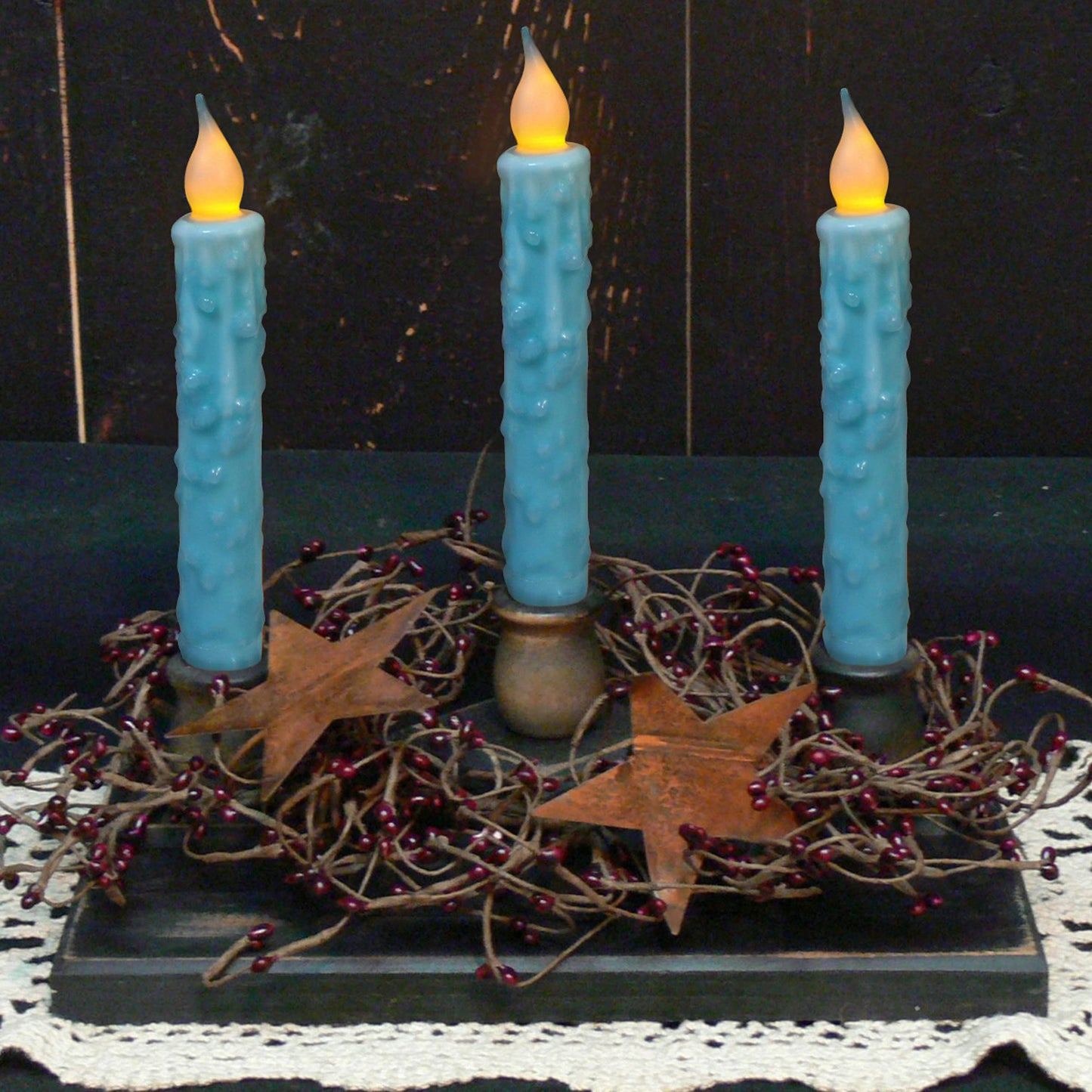 CVHOMEDECO. Real Wax Hand Dipped Battery Operated LED Timer Taper Candles Rustic Primitive Flameless Lights Decor, 6-3/4 Inch, Teal, 6 PCS in a Package