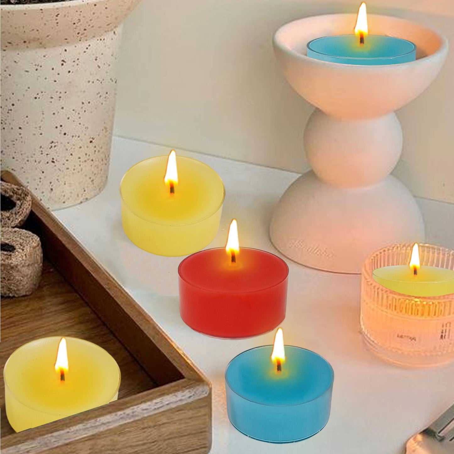 Scented Tea Light Candles 12 Pack Hand Poured 3 Color Smokeless 4 Hours Clean Burning Small Round Clear Cups Tealight Candles for Romantic Dinners Wedding Centerpieces Cozy Evenings