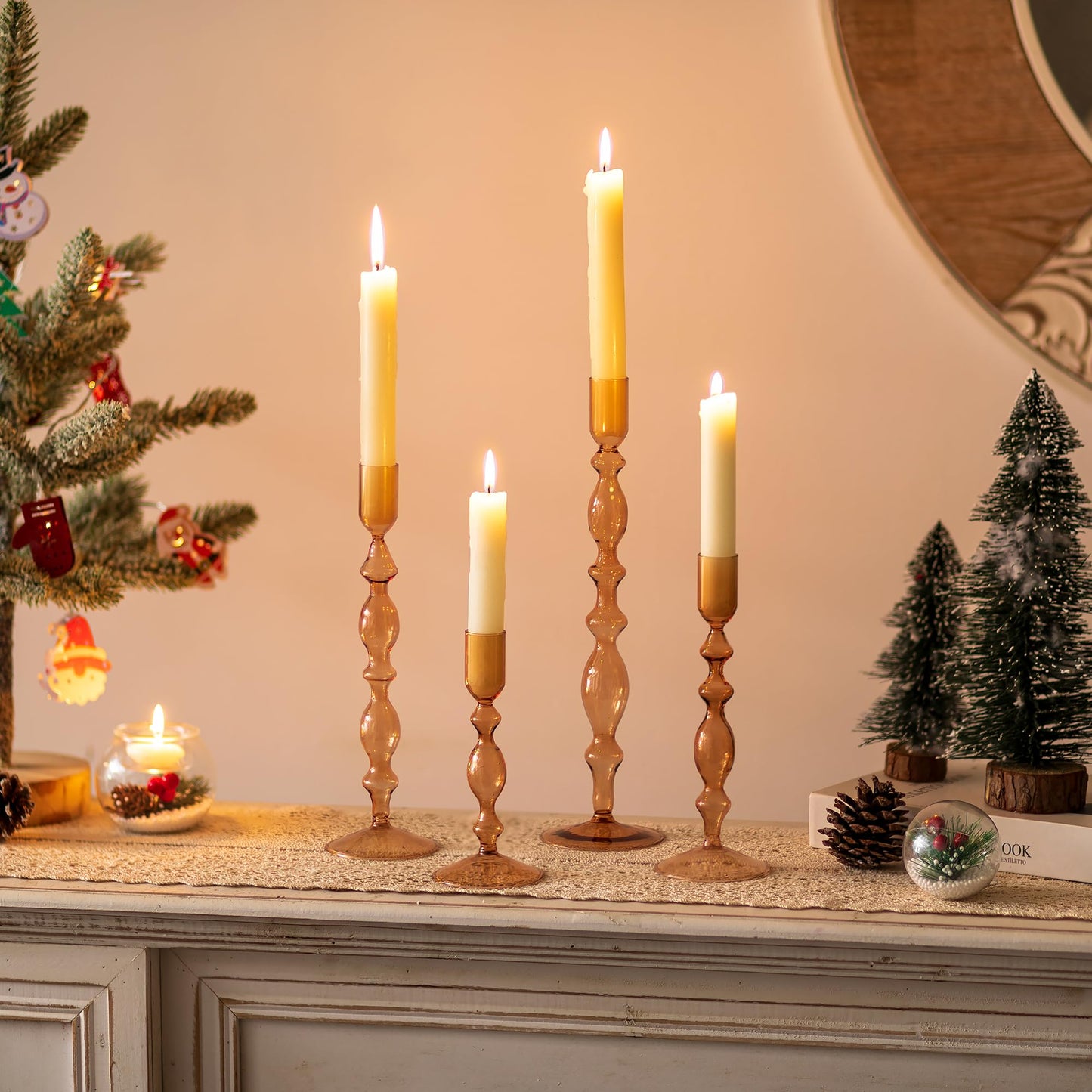 Glass Candle Stick Candle Holder : Glasseam Amber Taper Candle Holder Set of 4 Modern Candle Sticks Holder Decor Tall Decorative Candle Holders for Table Fall Centerpiece Dining Thanksgiving Halloween