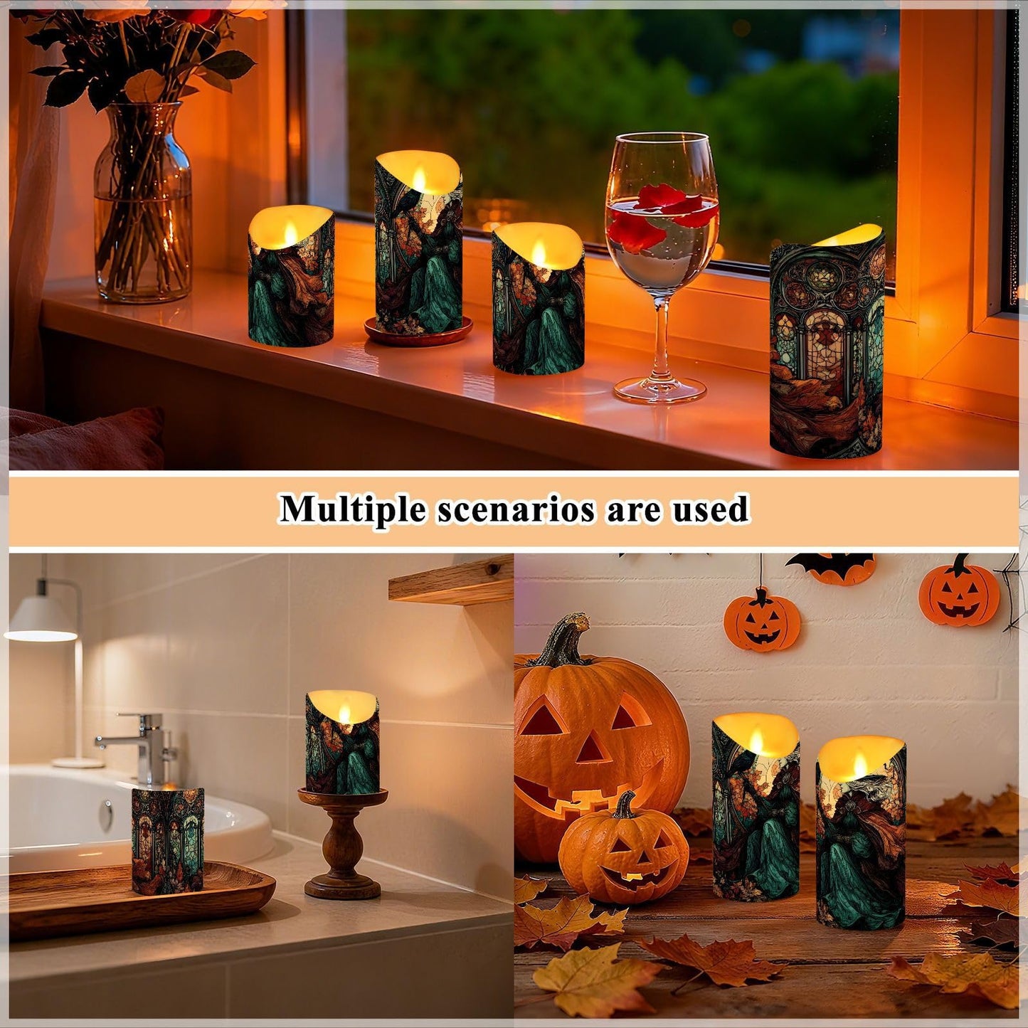 ZRYSMY Witch Crow Stain Glass Flameless LED Candles with Remote and Timer - 5.9”x3”, 2 Pack, Battery-Operated Flickering Pillar Candles for Home Decor