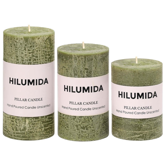 Moss Green Pillar Candles Set of 3 - Hand-Poured Unscented Candles,Smokeless Dripless Candles for Dinner Table and Home, Set of 3 in Different Sizes (3"x4", 3"x5", 3"x6")